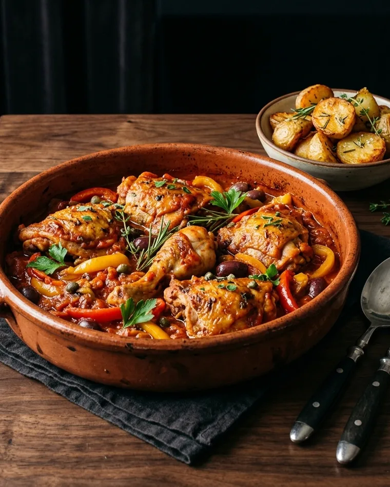 Pollo alla cacciatora with peppers, olives and roast potatoes — Masalas Catering Berlin