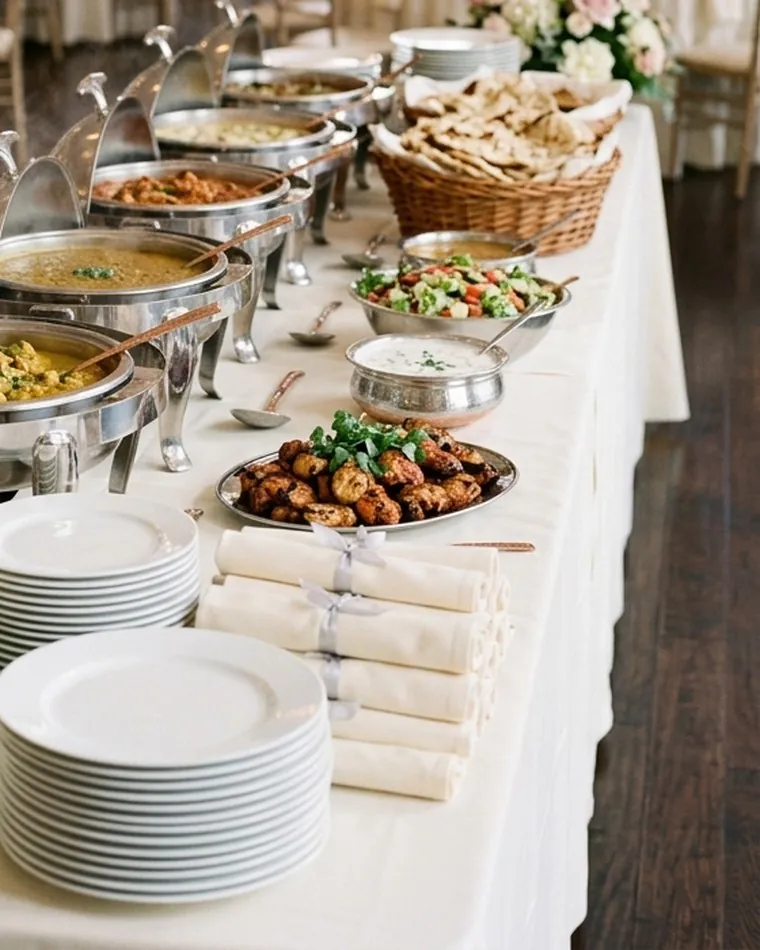 Buffet mit silbernen Chafing Dishes, Tandoori-Hähnchen, Salat, Raita, Naan und gerollten Servietten