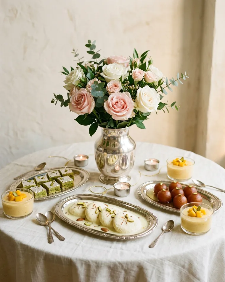 Runder Tisch mit Rosenstrauß in Silbervase, Rasmalai, Gulab Jamun, Pistazien-Barfi und Mango-Dessert
