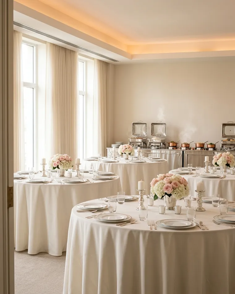 Heller Festsaal mit runden Tischen in Elfenbein, rosa Rosen und silbernen Kerzenleuchtern, hinten das Buffet