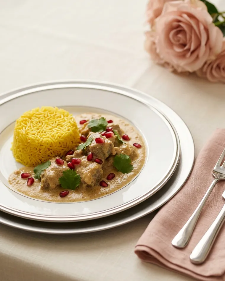 Teller mit Safranreis und Hähnchen-Korma mit Granatapfelkernen, Silberbesteck und rosa Serviette