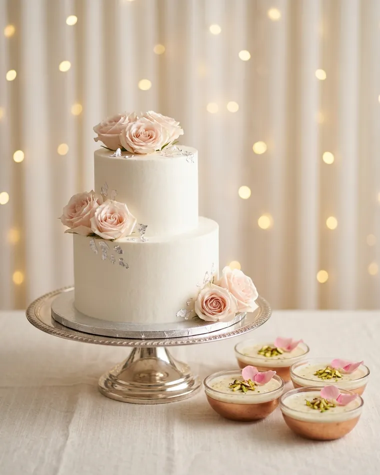 Zweistöckige weiße Torte mit rosa Rosen auf einem Silberständer, davor Schälchen mit Kheer