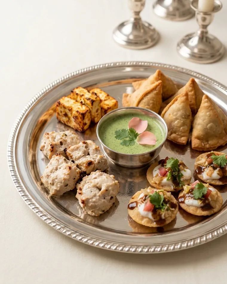 Silbertablett mit Samosa, Paneer Tikka, Hähnchen-Tikka und Papdi Chaat mit grünem Chutney