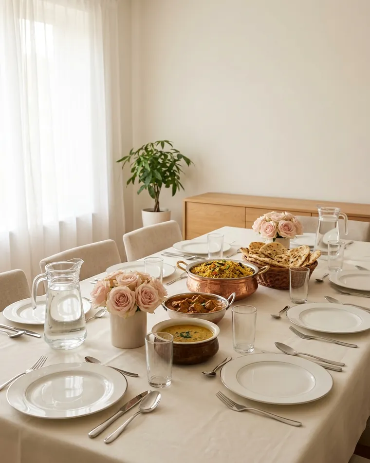 Festlich gedeckter Esstisch mit rosa Rosen, Biryani, Curry und Naan in einem hellen Esszimmer