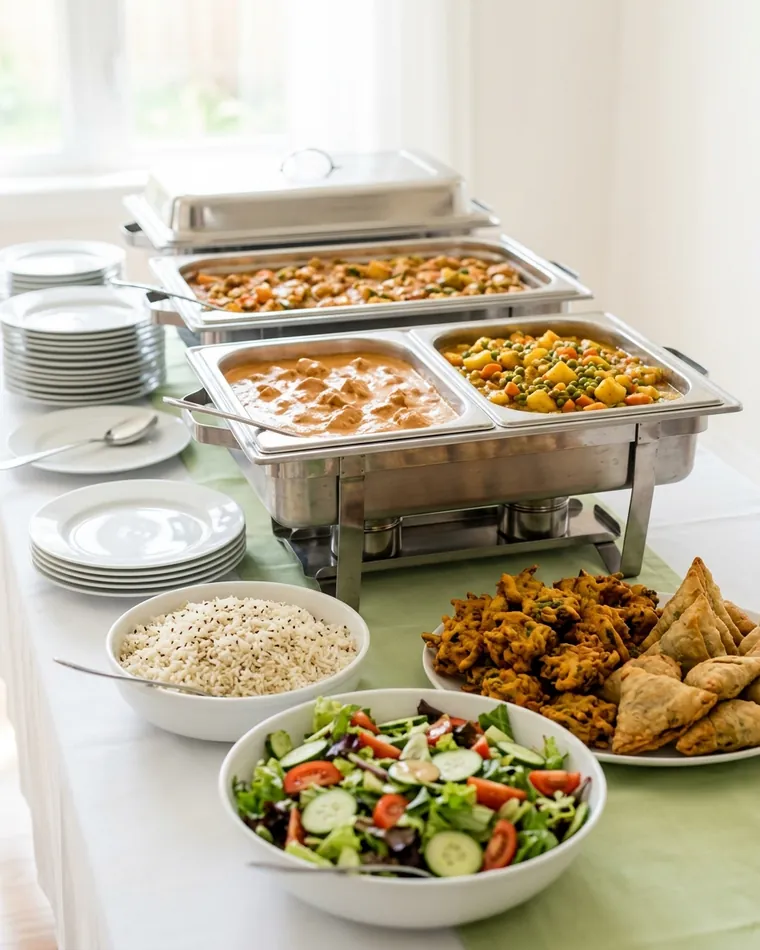 Buffet mit Chafing Dishes, Curry, Gemüse, Reis, Pakora, Samosa und großem Salat