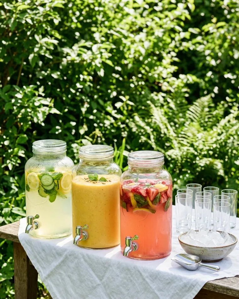 Drei Getränkespender mit Zitronen-Gurken-Wasser, Mangosaft und Erdbeerlimonade im Garten