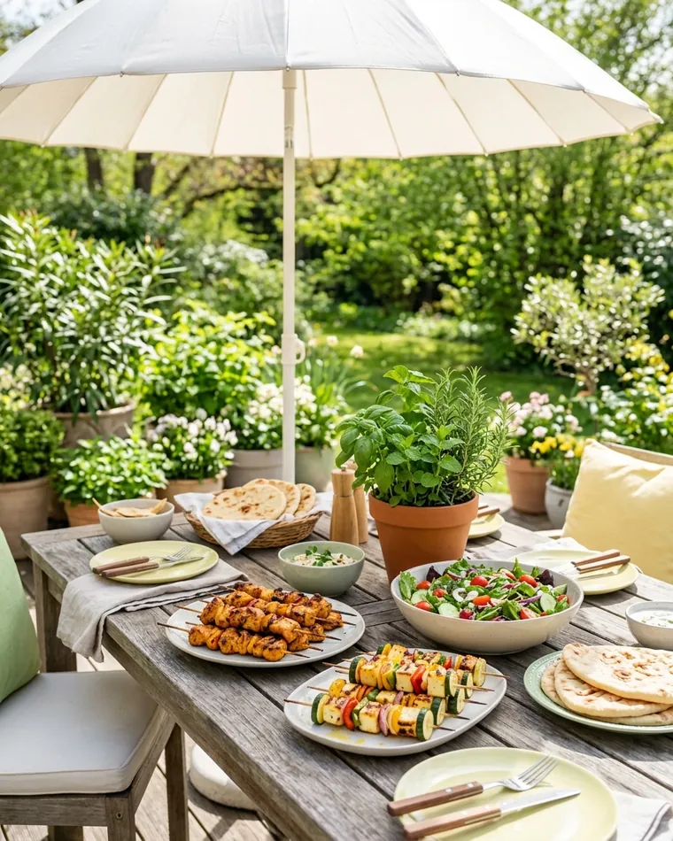Terrassentisch unter einem hellen Sonnenschirm mit Grillspießen, Salat, Naan und Kräutertöpfen