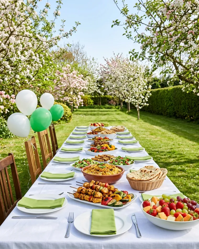 Lange weiße Tafel im blühenden Frühlingsgarten mit grünen Servietten, Salaten, Spießen, Obst und grün-weißen Luftballons