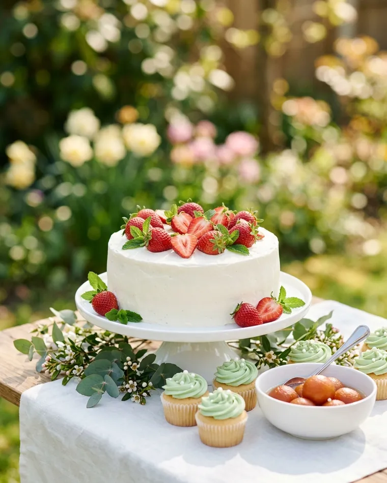 Weiße Torte mit Erdbeeren, grüne Cupcakes und Gulab Jamun im Frühlingsgarten