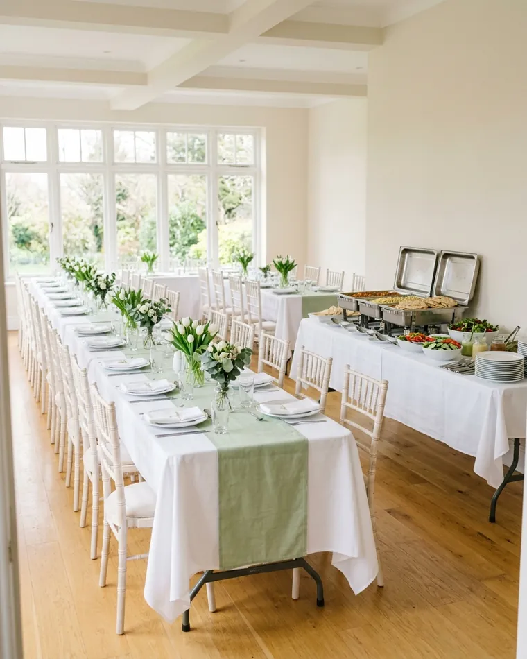 Heller Raum mit langen weißen Tafeln, grünen Läufern und weißen Tulpen, an der Seite das Buffet