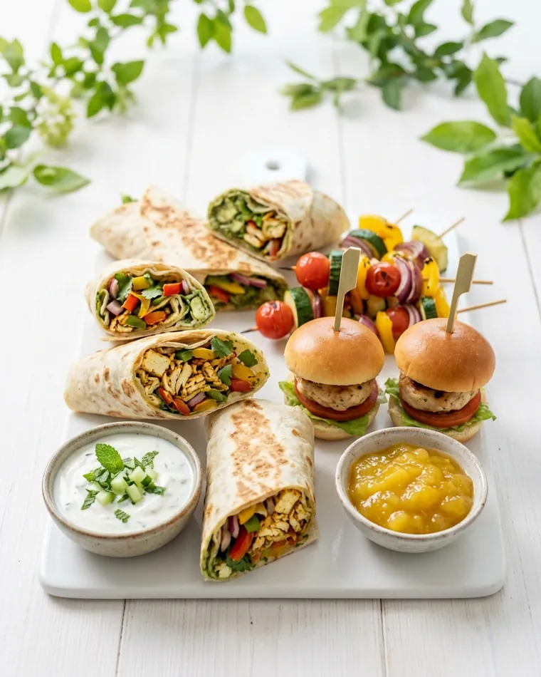 Weiße Platte mit gegrillten Wraps, Mini-Burgern, Gemüsespießen, Raita und Mango-Chutney