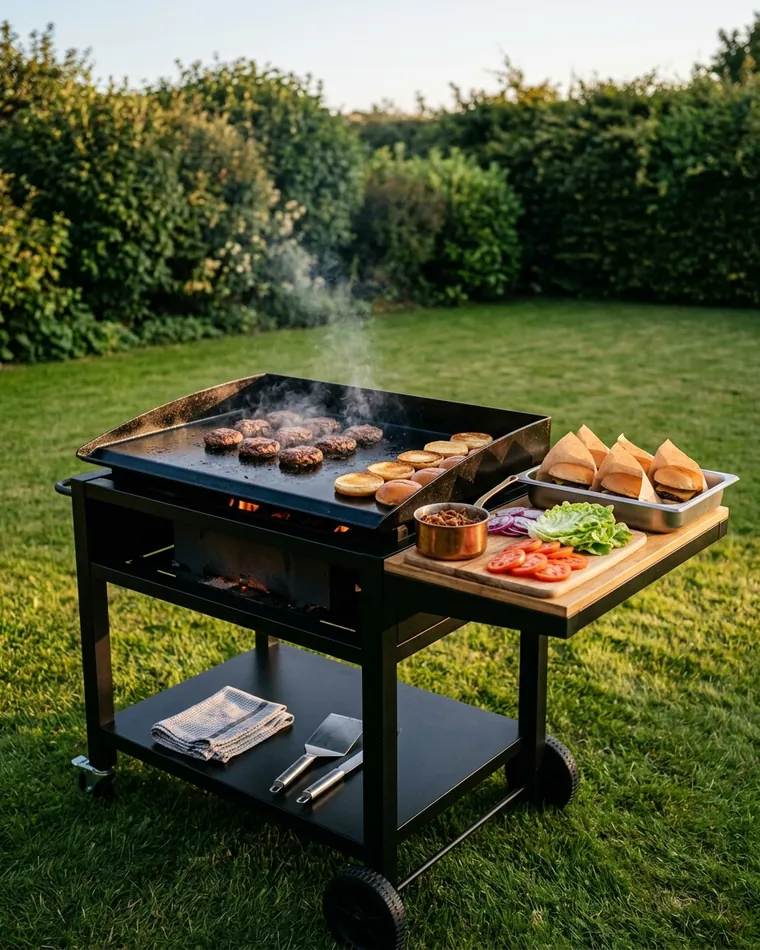 Burger station with plancha, beef patties, buns and toppings in a garden at golden hour