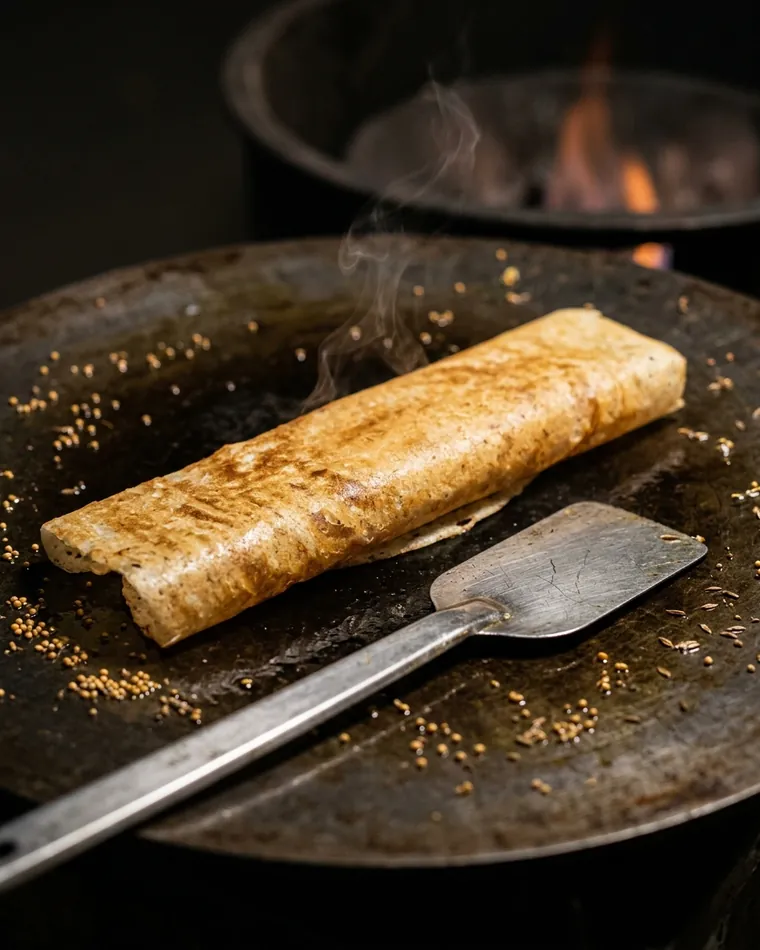 Golden dosa on a hot tawa with a spatula and mustard seeds — Masalas Catering Berlin