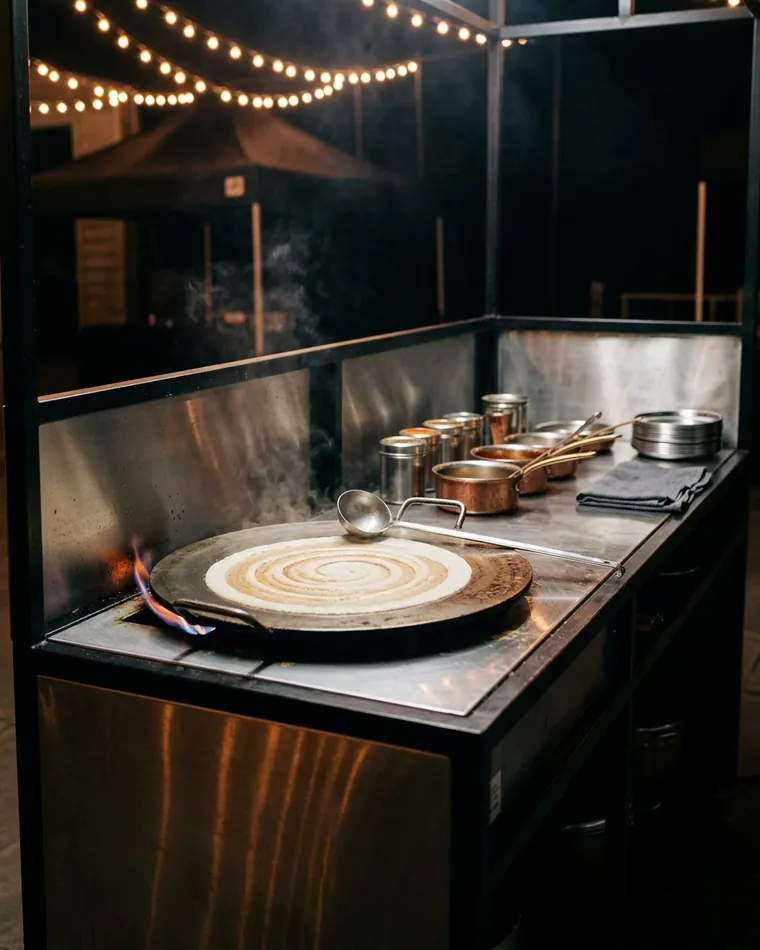 Mobile Live-Cooking-Station aus Stahl mit großem Tawa, frisch verstrichenem Dosa-Teig, Flamme und Lichterketten am Abend