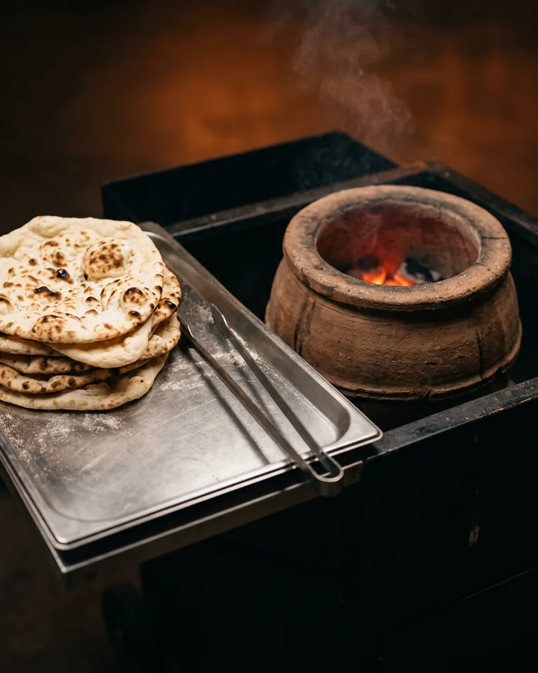 Fresh naan on a steel tray next to a small glowing tandoor — Masalas Catering Berlin
