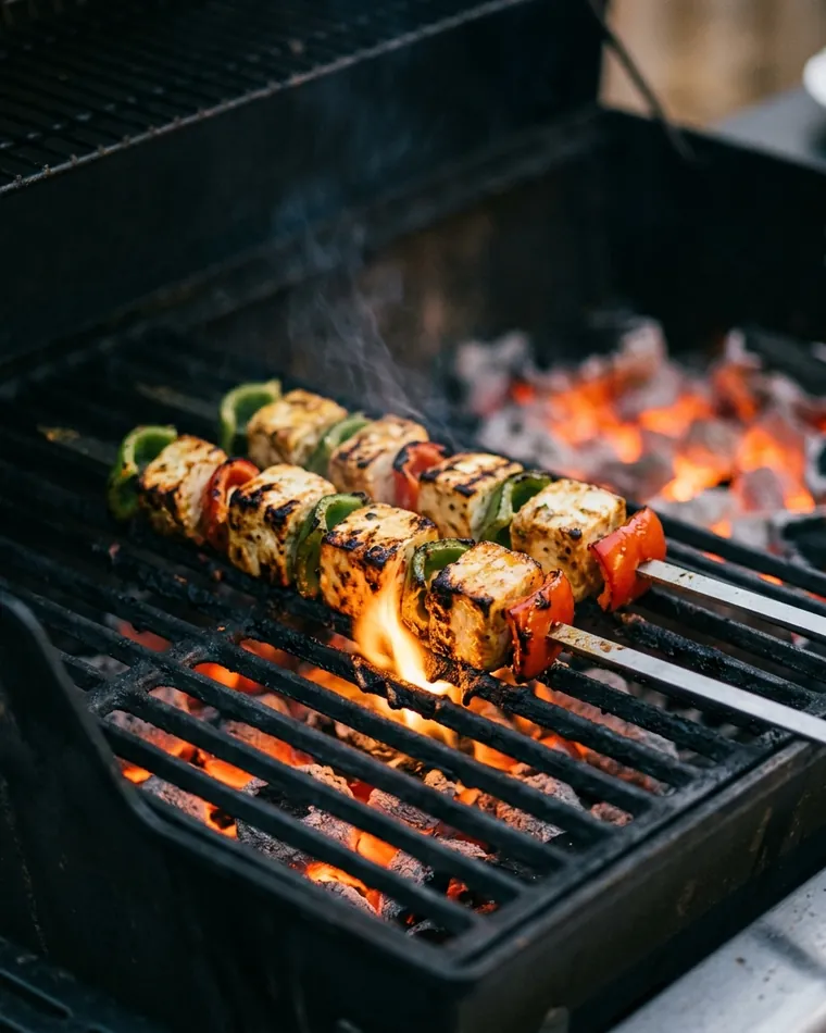 Paneer tikka with peppers on skewers over a charcoal grill — Masalas Catering Berlin