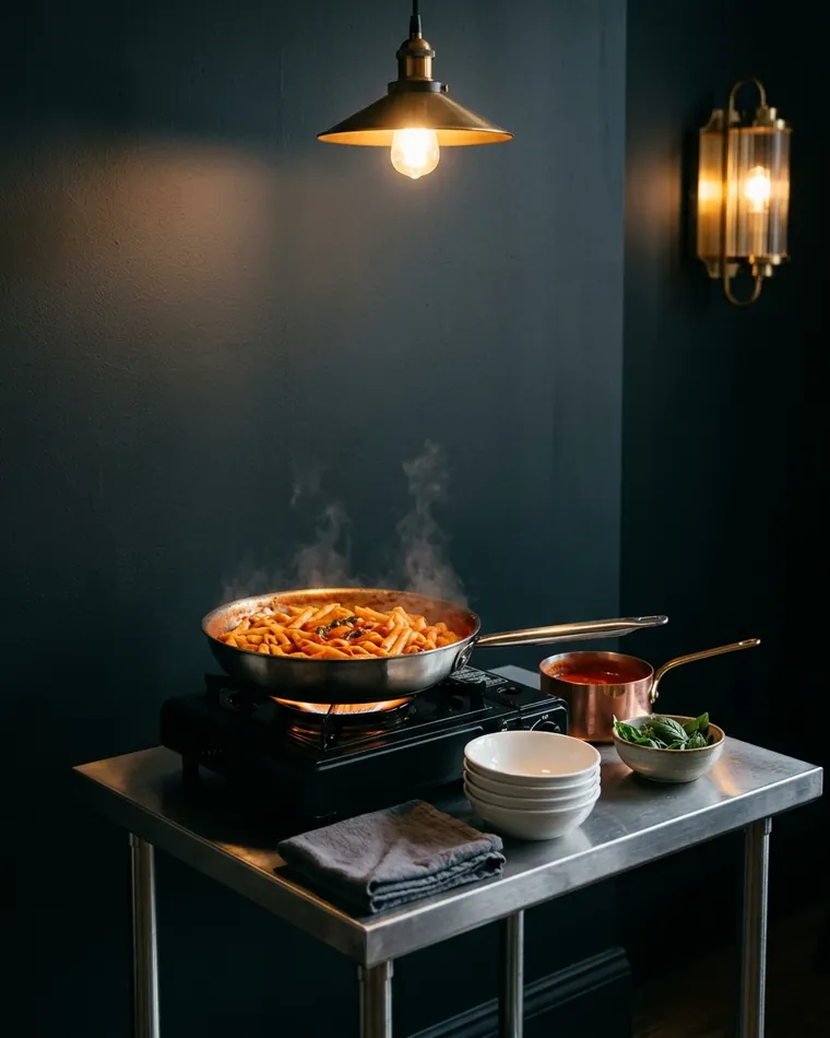 Live-finishing cart with pasta in tomato-basil sauce on a gas burner in a dark, elegant room