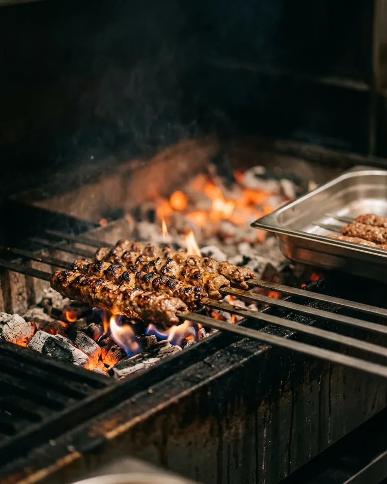 Seekh Kebab auf Stahlspießen über glühender Holzkohle — Masalas Catering Berlin