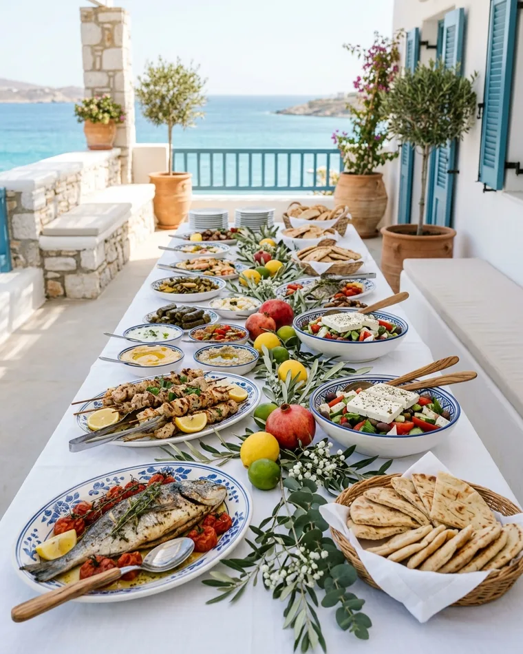 Mediterranes Buffet auf einer weißen Tafel mit Grillspießen, Fisch, Salaten und Pita
