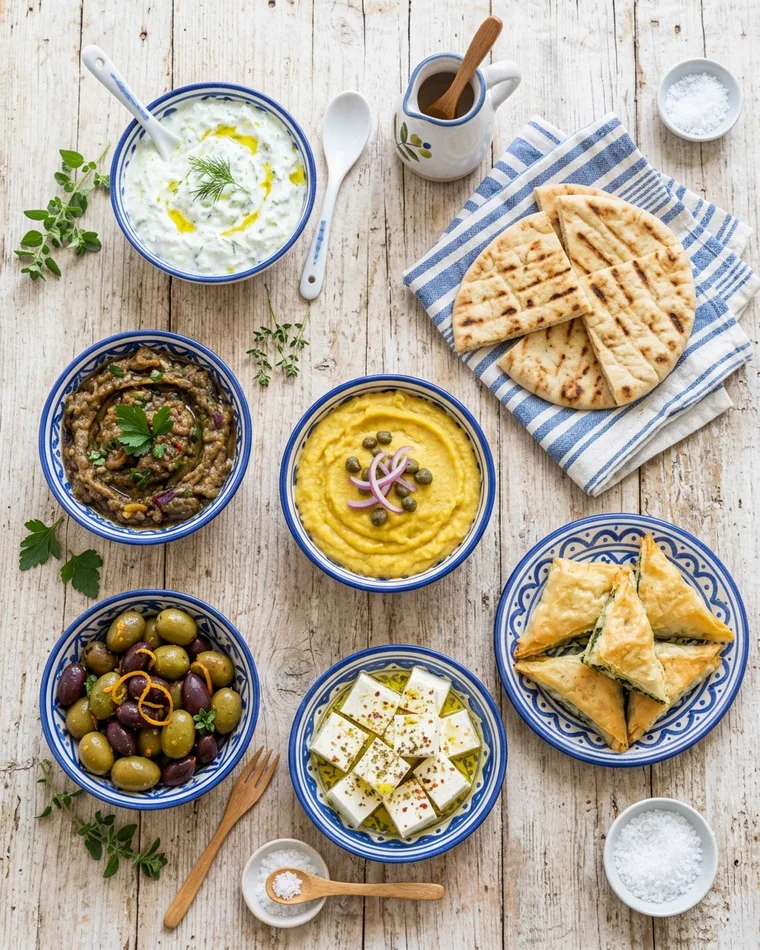 Mezze mit Tzatziki, Melitzanosalata, Fava, Oliven, Feta und Spanakopita — Masalas Catering Berlin