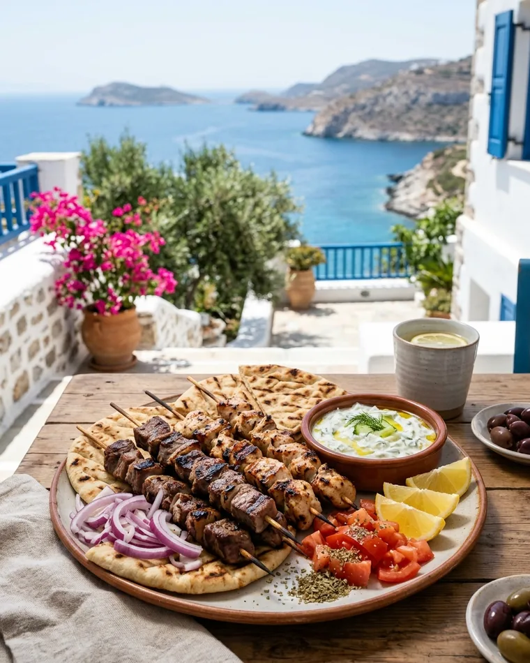 Souvlaki vom Lamm und Hähnchen auf Pita mit Tzatziki, Zwiebeln und Tomaten — Masalas Catering Berlin