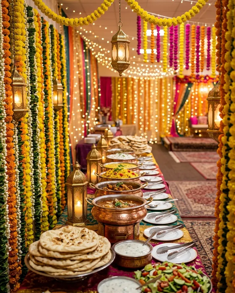 Langes Buffet zwischen Ringelblumen-Girlanden mit Kupfertöpfen, Naan, Raita und Salat