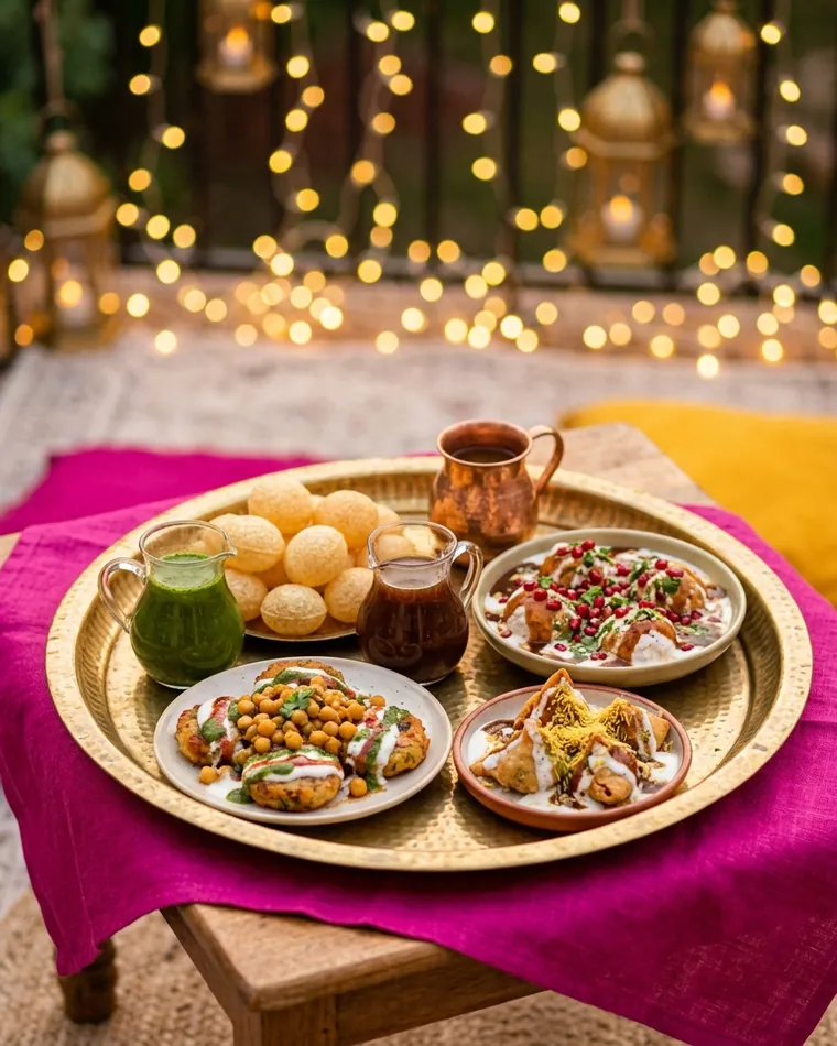 Messingtablett mit Pani Puri, Chana Chaat, Samosa Chaat und Chutneys auf pinkem Tuch