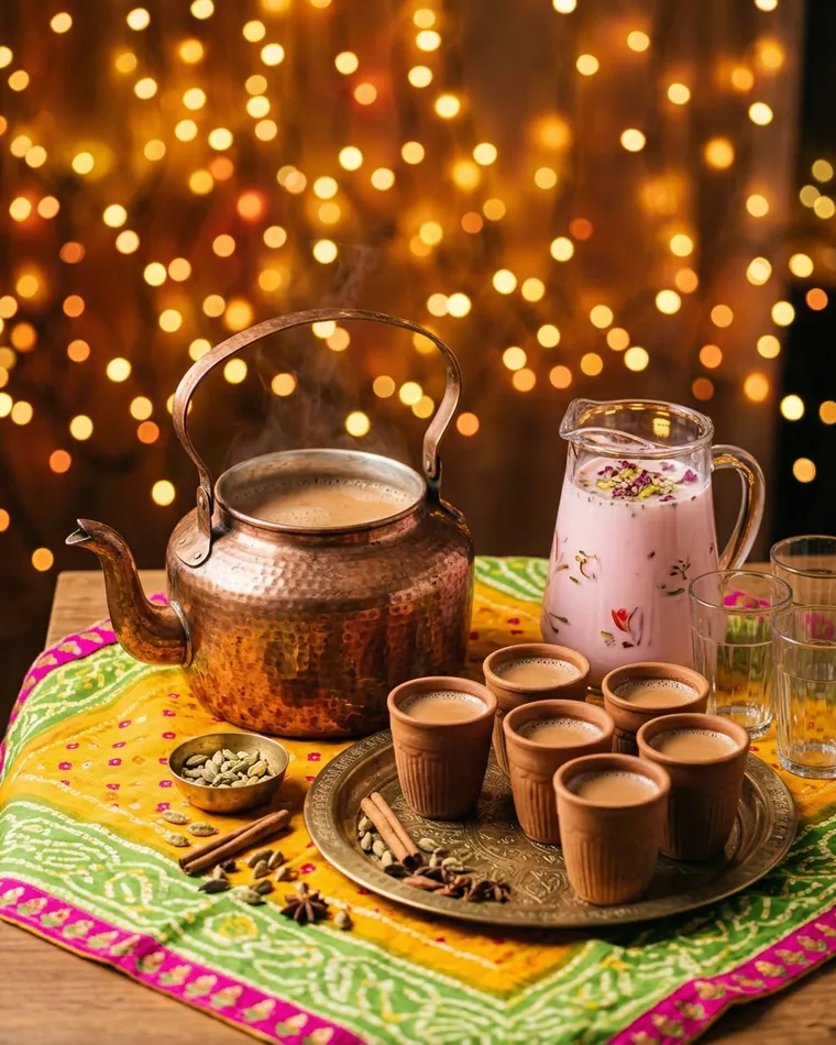 Kupferkessel mit Chai, Tonbecher und rosa Milchgetränk auf einem bunten Tuch vor Lichterketten