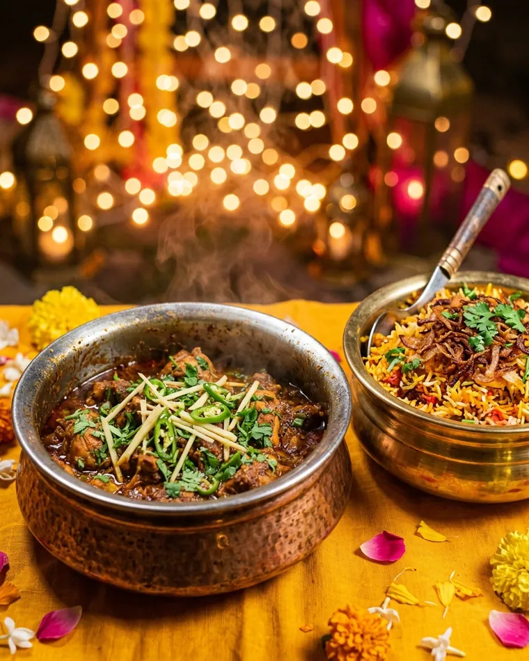 Kupfer-Handi mit Hähnchen-Curry, Ingwerstreifen und Koriander, daneben Biryani mit Röstzwiebeln