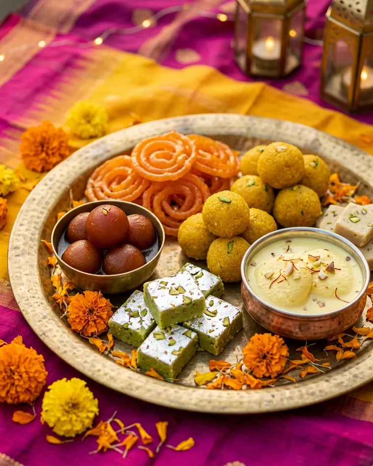 Messingplatte mit Jalebi, Laddu, Gulab Jamun, Barfi und Rasmalai zwischen Ringelblumen