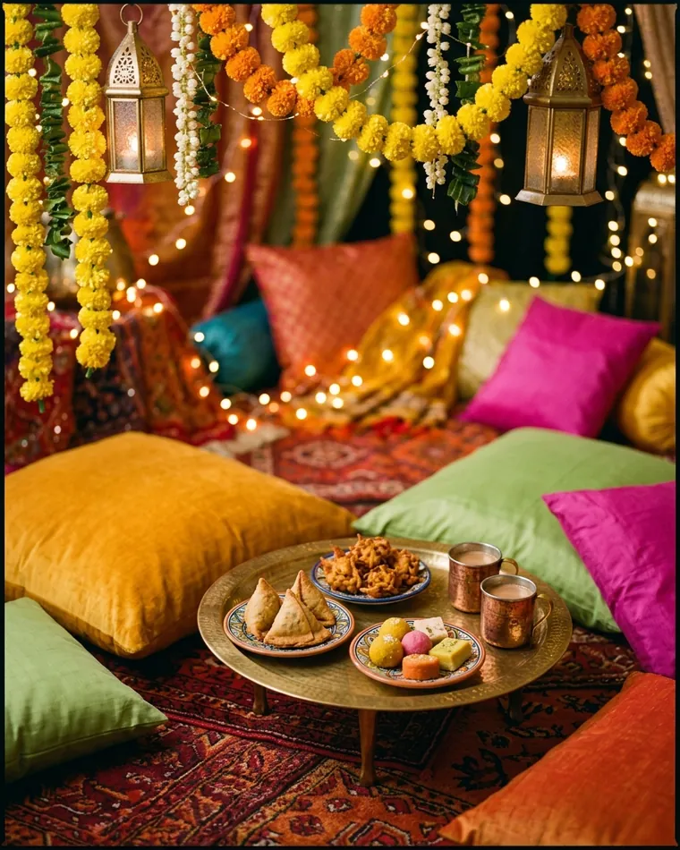 Sitzecke mit gelben, grünen und pinken Kissen, Laternen und einem Messingtisch mit Samosa, Pakora und Mithai