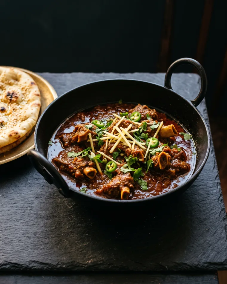 Mutton Karahi aus der Eisenpfanne aus der Masalas-Restaurantküche in Berlin-Köpenick