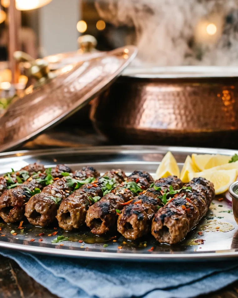 Seekh Kebab, dahinter der Degh aus der Masalas-Restaurantküche in Berlin-Köpenick
