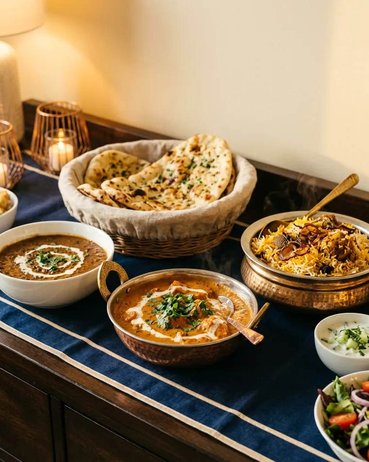 Sideboard with naan in a basket, dal makhani, butter chicken and biryani in copper bowls