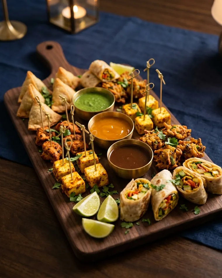 Wooden board with samosas, pakoras, paneer tikka skewers, wraps and three dips on a navy tablecloth