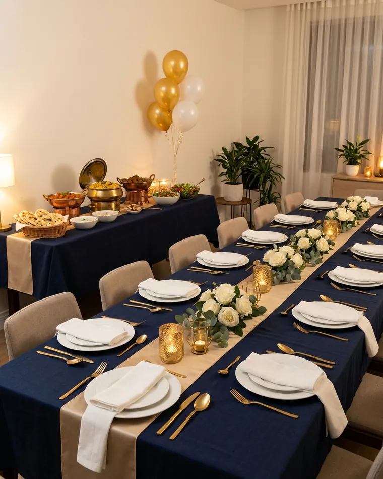 Long festive table with a navy tablecloth, white roses, candles and gold balloons, the buffet behind