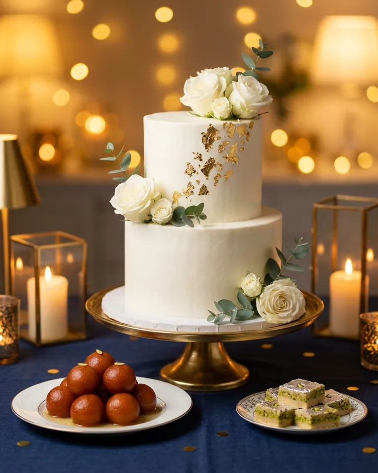 White two-tier cake with roses and gold leaf, with gulab jamun and pistachio barfi in front