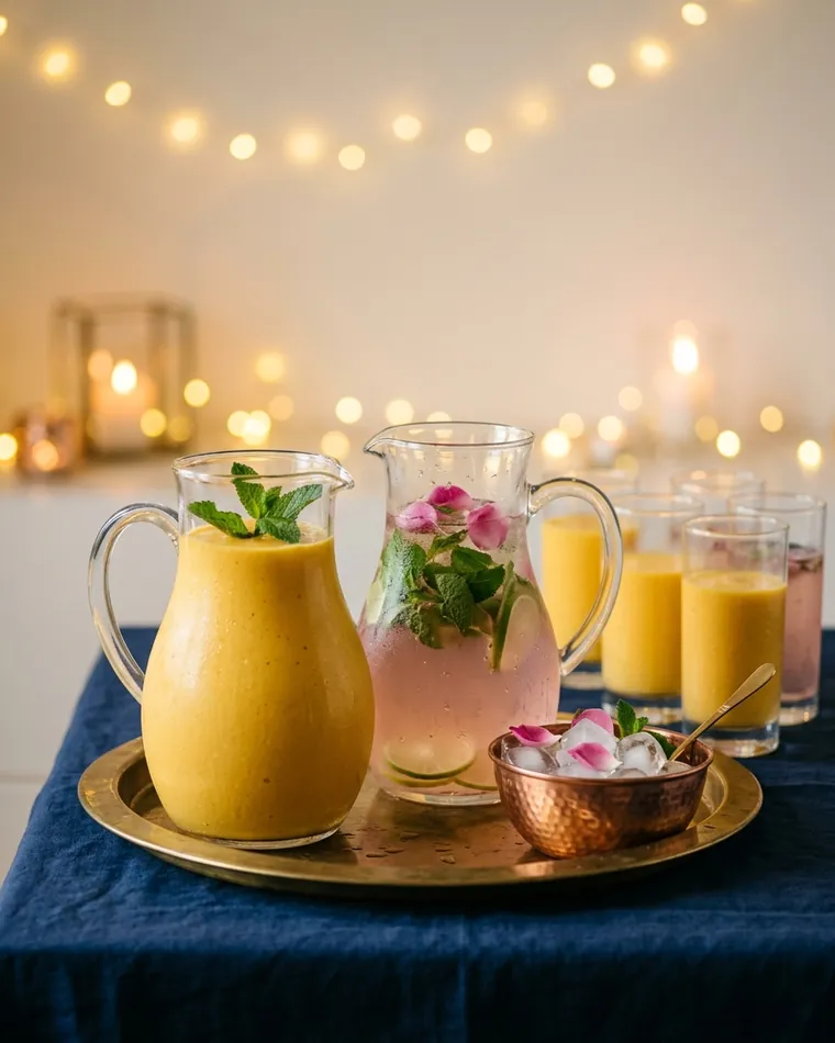 Jugs of mango lassi and rose lemonade on a brass tray, fairy lights behind