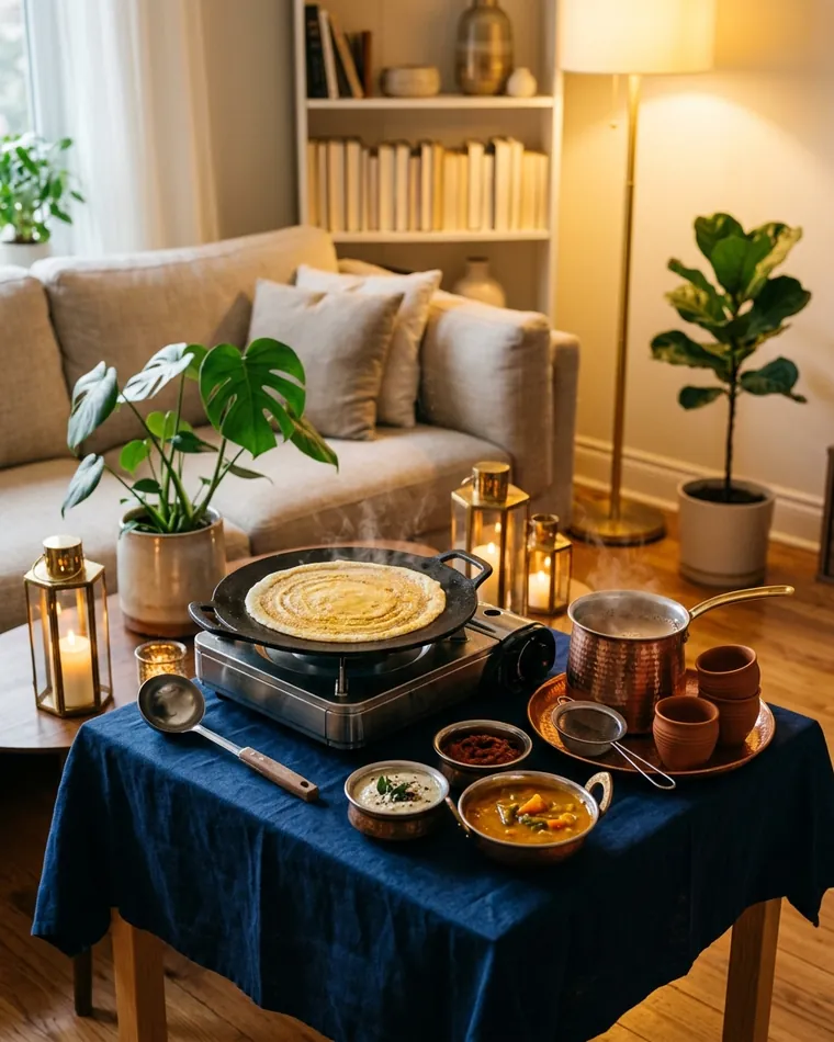 Small live station in a living room: dosa on the tawa, a copper pot, clay cups and sambar