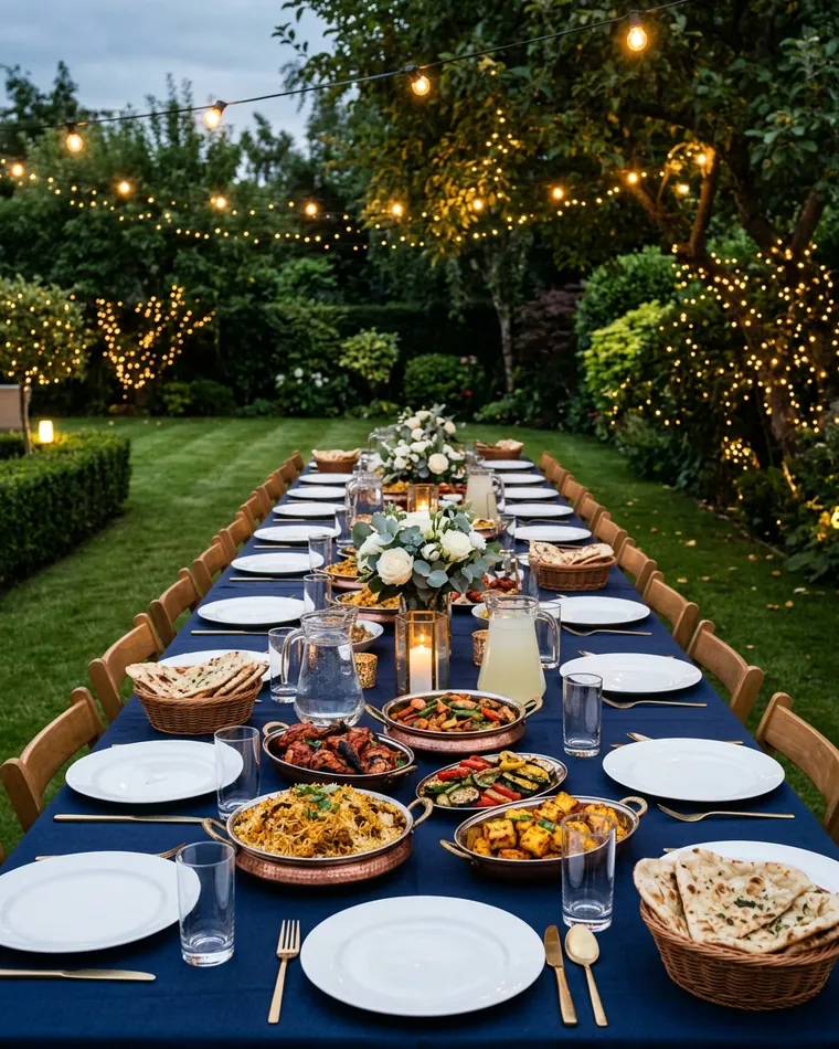 Long garden table with a navy tablecloth, biryani, naan and grill platters under fairy lights in the evening