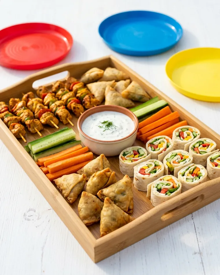 Holztablett mit Hähnchenspießen, Samosa, Wraps, Karotten- und Gurkensticks und einem Joghurt-Dip, daneben bunte Teller