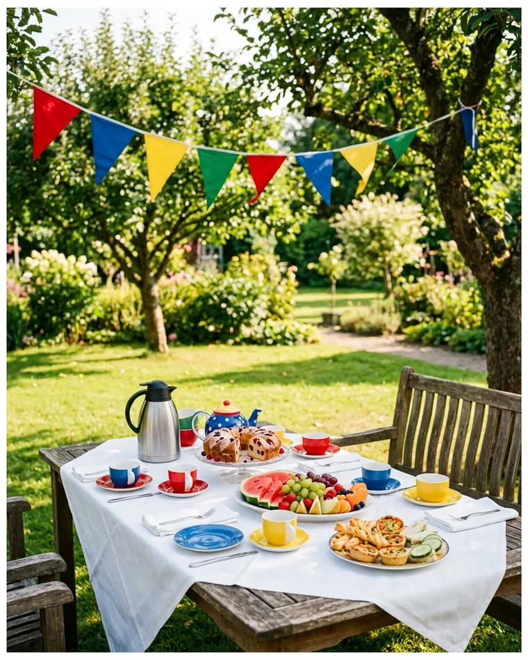 Gartentisch unter Obstbäumen mit Wimpelkette, bunten Tassen, Kuchen, Obstplatte und Teekanne