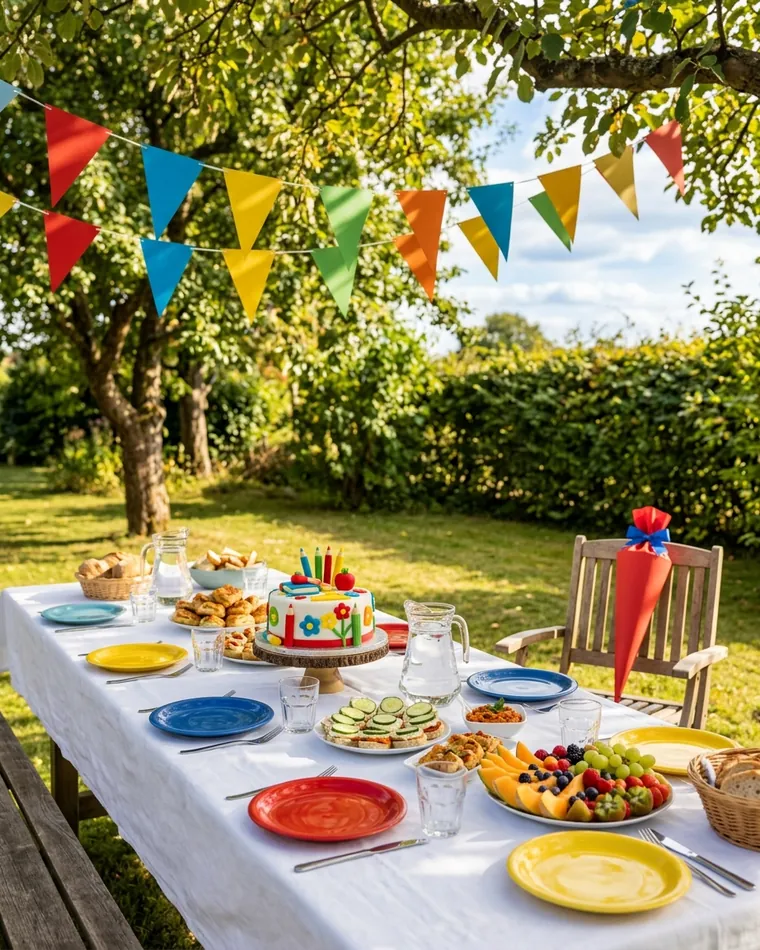 Gartentafel unter einer bunten Wimpelkette mit roten, blauen und gelben Tellern, Fingerfood, Obst, einer bunten Torte und einer Schultüte am Stuhl