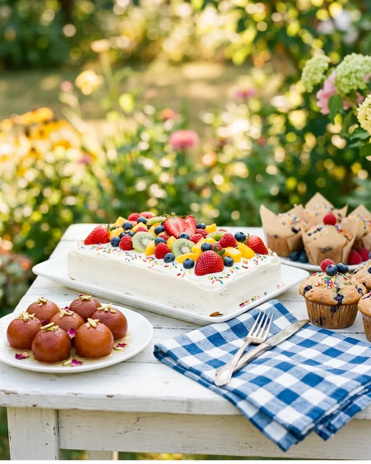 Blechkuchen mit frischen Beeren, Muffins und Gulab Jamun auf einem Gartentisch