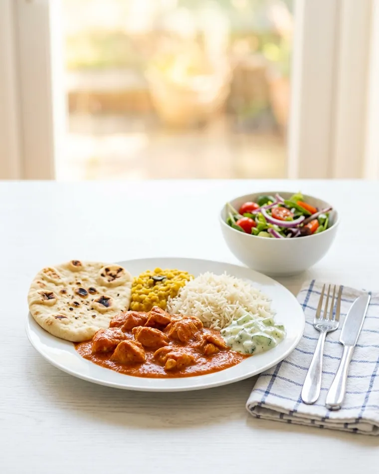 Teller mit Butter Chicken, Reis, Naan, Dal und Raita, daneben ein Salat