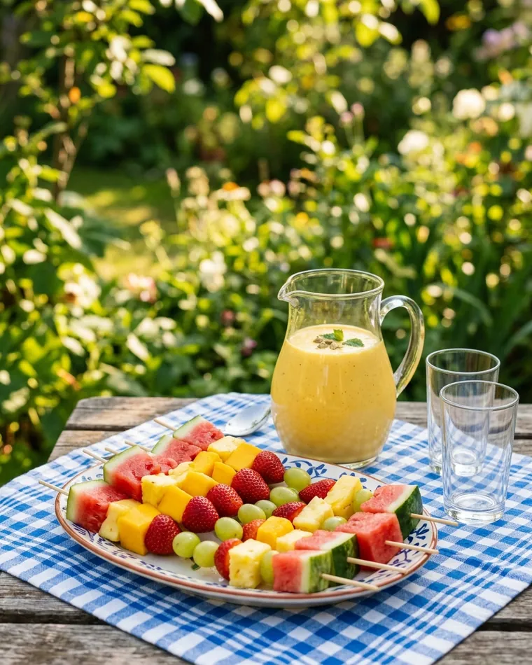 Obstspieße mit Melone, Ananas und Erdbeeren auf blau kariertem Tuch, dazu ein Krug Mango Lassi