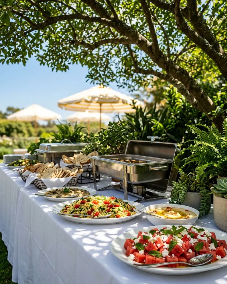 Mediterranean buffet under a tree with chafing dishes, salads, flatbread and parasols