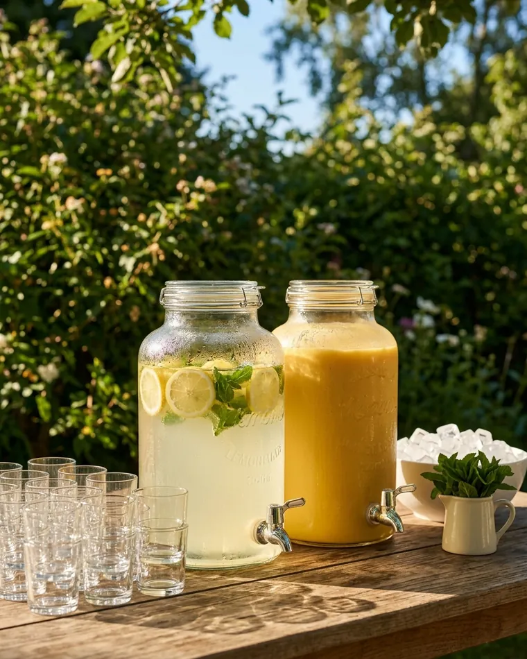 Glass dispensers with mint lemonade and mango lassi, glasses and ice — Masalas Catering Berlin