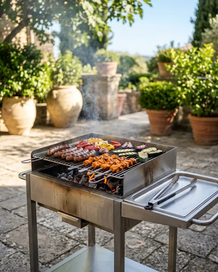 Charcoal grill with beef bratwurst, chicken tikka and grilled vegetables — Masalas Catering Berlin