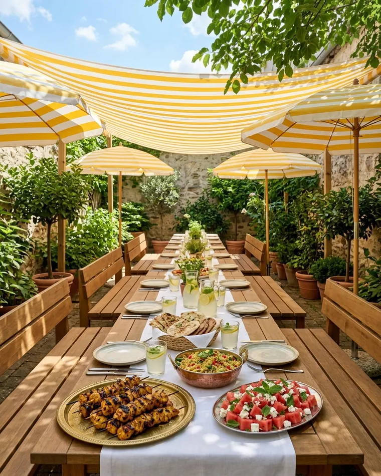 Long table in a Berlin courtyard under yellow-and-white parasols with grilled skewers, salads and lemonade